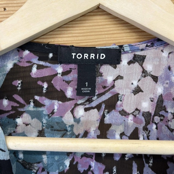 Torrid 1 Ruffle Kimono Shirt Floral Swiss Dot Black Purple SS Sheer boho B84 - Picture 3 of 16